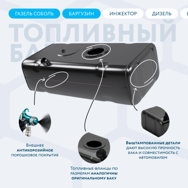 Бензобак 70 литров Газель (Соболь, Баргузин) инжектор / дизель (вместо пластика) АНТИКОР